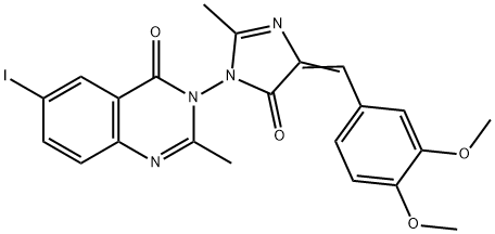 3-(4-(3,4-Dimethoxybenzylidene)-2-methyl-5-oxo-4,5-dihydro-1H-imidazol-1-yl)-6-iodo-2-methylquinazolin-4(3H)-one 结构式