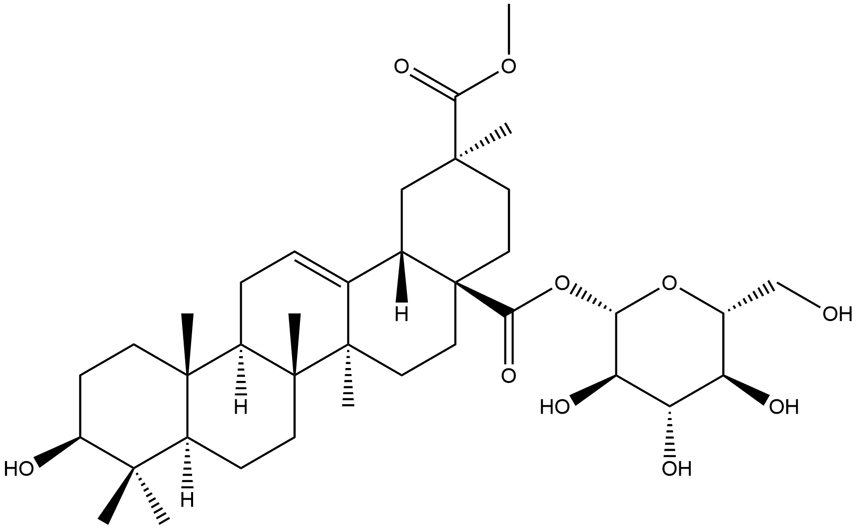 Olean-12-ene-28,29-dioic acid, 3-hydroxy-, 28-β-D-glucopyranosyl 29-methyl ester, (3β,20S)- 结构式