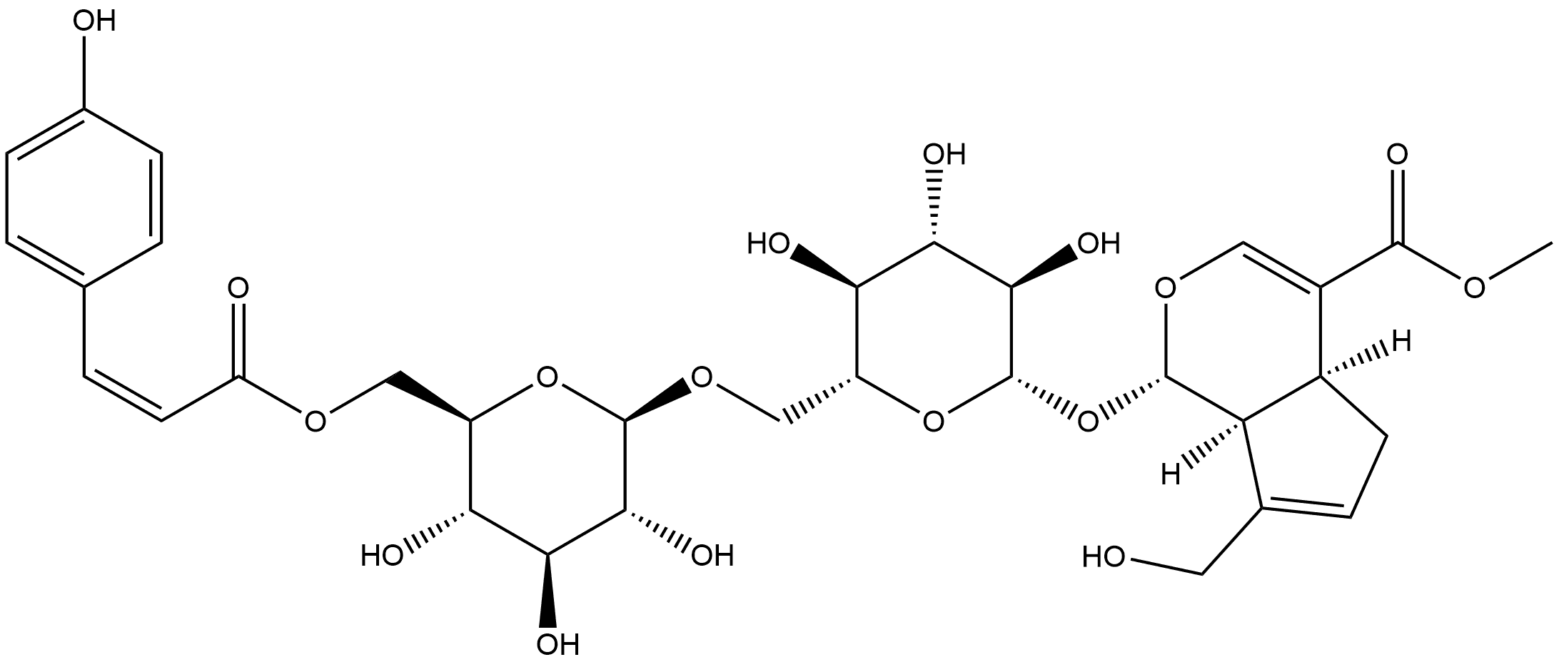 6"-O-[( E)-P-香豆酰基]京尼平龙胆二糖苷 结构式