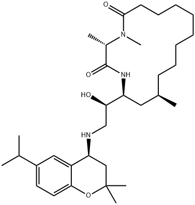 (3S,14R,16S)-16-[(1R)-2-[[(4S)-3,4-Dihydro-2,2-dimethyl-6-(1-methylethyl)-2H-1-benzopyran-4-yl]amino]-1-hydroxyethyl]-3,4,14-trimethyl-1,4-diazacyclohexadecane-2,5-dione 结构式