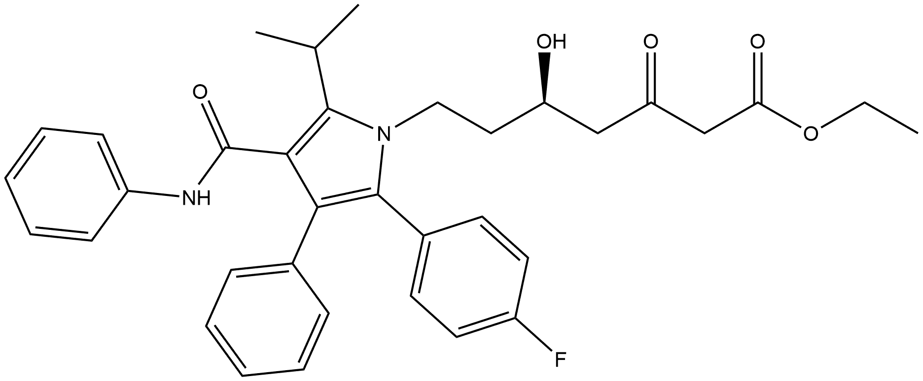 1H-Pyrrole-1-heptanoic acid, 2-(4-fluorophenyl)-δ-hydroxy-5-(1-methylethyl)-β-oxo-3-phenyl-4-[(phenylamino)carbonyl]-, ethyl ester, (δR)- 结构式