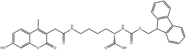 N-α-(9-Fluorenylmethoxycarbonyl)-N-ε-(7-hydroxy-4-methylcoumarin-3-yl)acetyl-L-lysine 结构式
