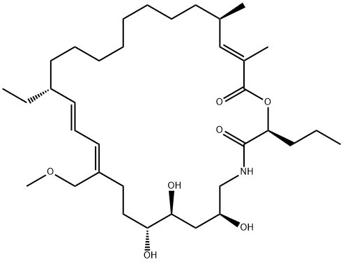 1-Oxa-4-azacyclooctacosa-12,14,26-triene-3,28-dione, 16-ethyl-6,8,9-trihydroxy-12-(methoxymethyl)-25,27-dimethyl-2-propyl-, (2S,6S,8S,9R,12Z,14E,16R,25R,26E)- (9CI) 结构式