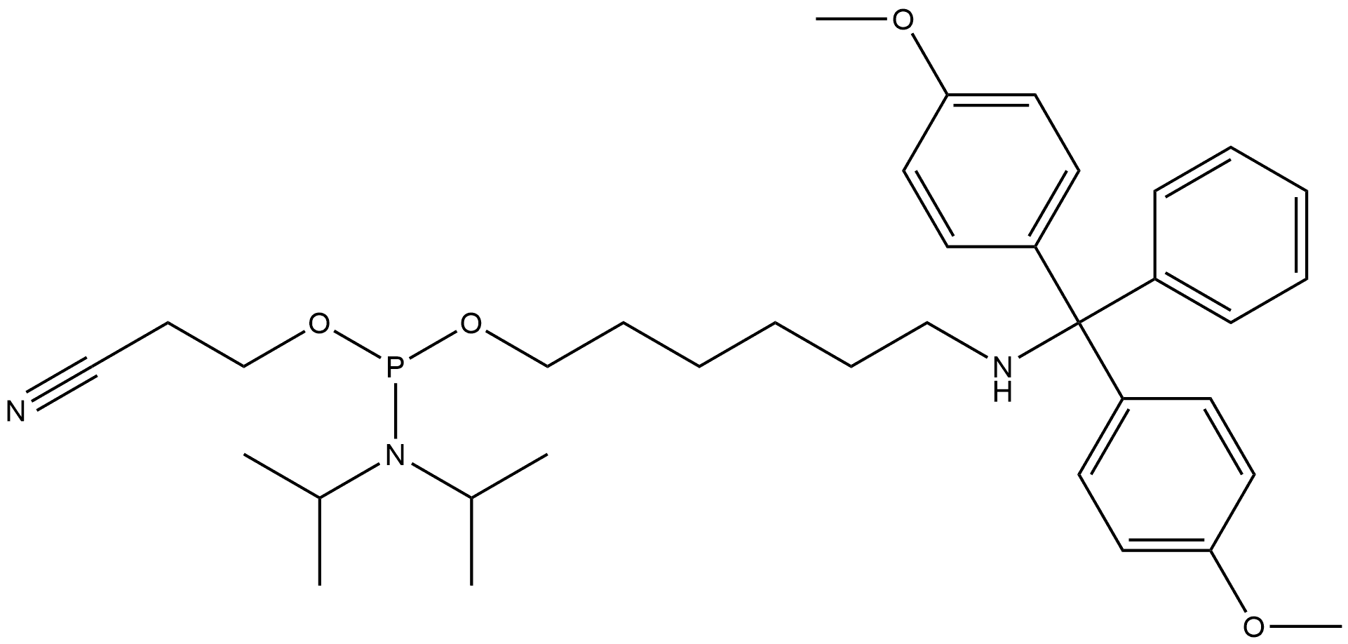 6-((BIS(4-METHOXYPHENYL)(PHENYL)METHYL)AMINO)HEXYL (2-CYANOETHYL) DIISOPROPYLPHOSPHORAMIDITE 结构式