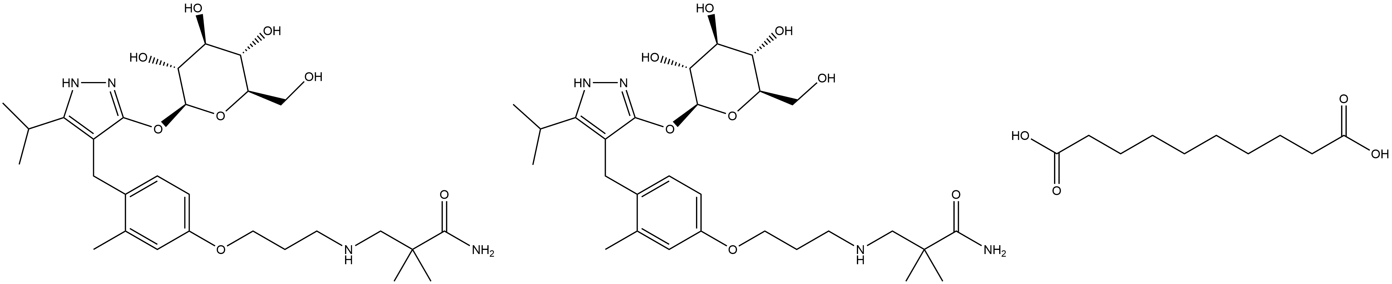 Decanedioic acid, compd. with 3-[[3-[4-[[3-(β-D-glucopyranosyloxy)-5-(1-methylethyl)-1H-pyrazol-4-yl]methyl]-3-methylphenoxy]propyl]amino]-2,2-dimethylpropanamide (1:2) 结构式