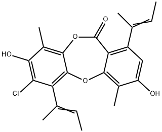 11H-Dibenzo[b,e][1,4]dioxepin-11-one, 7-chloro-3,8-dihydroxy-4,9-dimethyl-1,6-bis(1-methyl-1-propenyl)- (9CI) 结构式