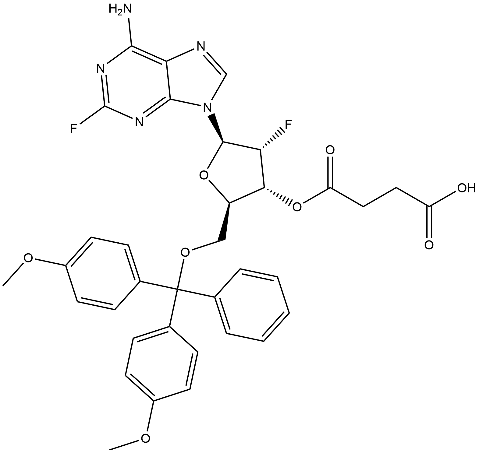 4-(((2R,3R,4R,5R)-5-(6-氨基-2-氟-9H-嘌呤-9-基)-2-((双(4-甲氧基苯基)(苯基)甲氧基)甲基)-4-氟四氢呋喃-3-基)氧基)-4-氧代丁酸 结构式