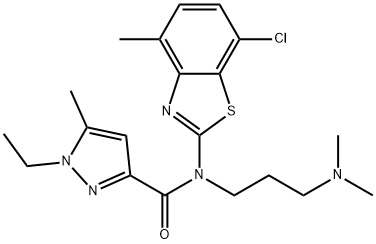 1H-Pyrazole-3-carboxamide, N-(7-chloro-4-methyl-2-benzothiazolyl)-N-[3-(dimethylamino)propyl]-1-ethyl-5-methyl- 结构式