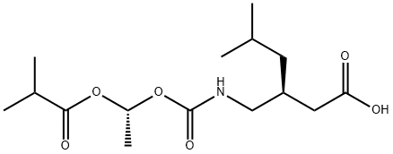 Hexanoic acid, 5-methyl-3-[[[[(1R)-1-(2-methyl-1-oxopropoxy)ethoxy]carbonyl]amino]methyl]-, (3S)- 结构式