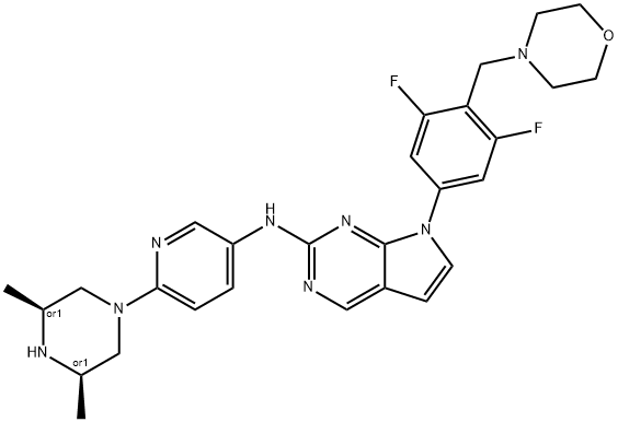 7H-Pyrrolo[2,3-d]pyrimidin-2-amine, 7-[3,5-difluoro-4-(4-morpholinylmethyl)phenyl]-N-[6-[(3R,5S)-3,5-dimethyl-1-piperazinyl]-3-pyridinyl]-, rel- 结构式