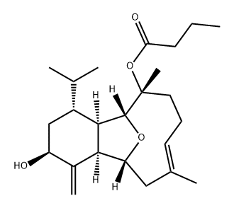 Butanoic acid, (2S,4R,4aR,5R,6R,9E,12R,12aR)-1,2,3,4,4a,5,6,7,8,11,12,12a-dodecahydro-2-hydroxy-6,10-dimethyl-1-methylene-4-(1-methylethyl)-5,12-epoxybenzocyclodecen-6-yl ester (9CI) 结构式