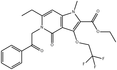 1H-Pyrrolo[3,2-c]pyridine-2-carboxylic acid, 6-ethyl-4,5-dihydro-1-methyl-4-oxo-5-(2-oxo-2-phenylethyl)-3-(2,2,2-trifluoroethoxy)-, ethyl ester 结构式