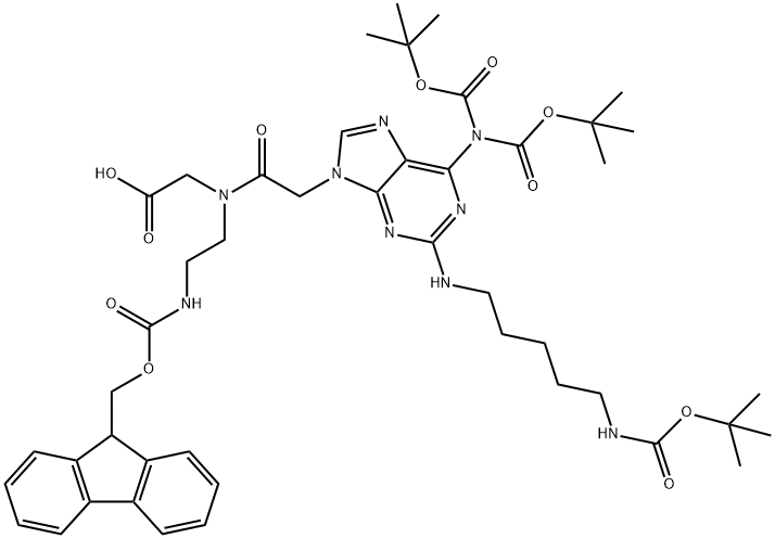 N-2-{(9H-fluoren-9-yl)methoxycarbonylamino}-ethyl-N-2-6-{bis(t-butoxycarbonyl)amino}-2-{5-(t-butoxycarbonylamino)-pentyl}amino-9H-purin-9-ylacetylglycine 结构式