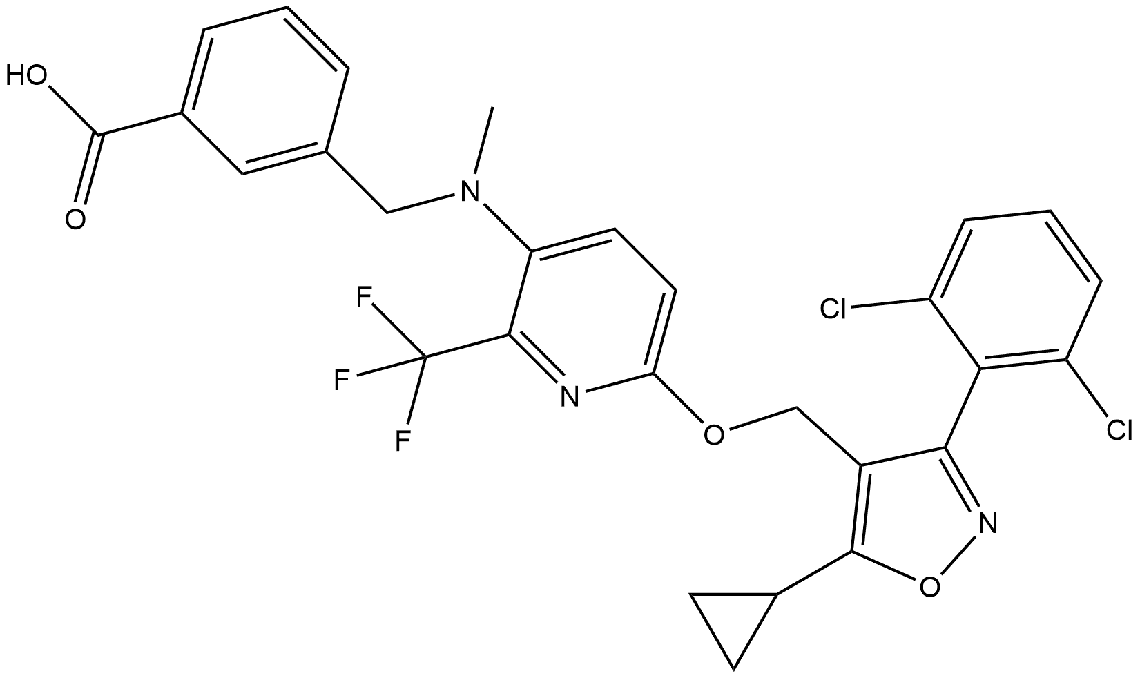 Benzoic acid, 3-[[[6-[[5-cyclopropyl-3-(2,6-dichlorophenyl)-4-isoxazolyl]methoxy]-2-(trifluoromethyl)-3-pyridinyl]methylamino]methyl]- 结构式