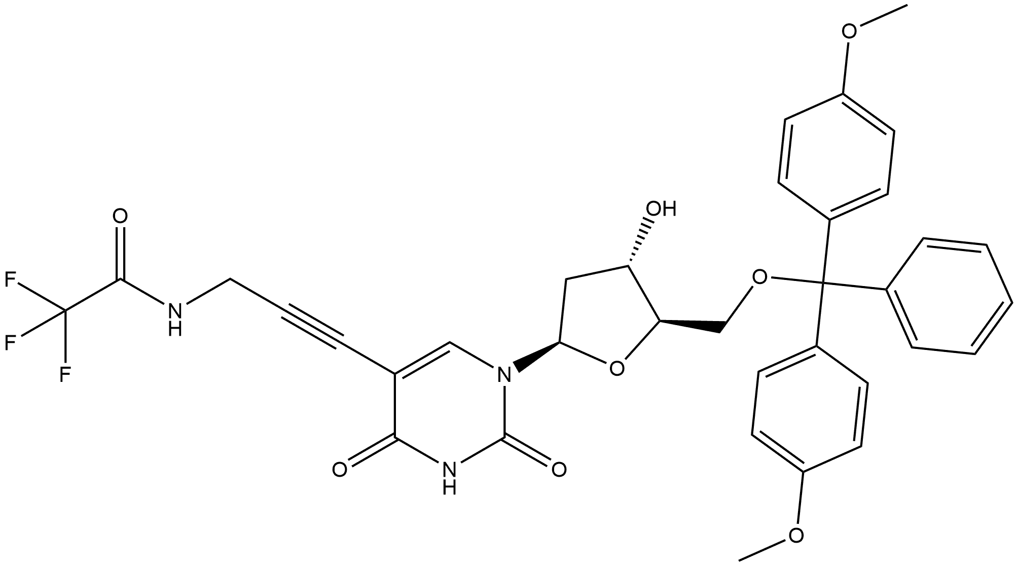 Uridine, 5'-O-[bis(4-methoxyphenyl)phenylmethyl]-2'-deoxy-5-[3-[(trifluoroacetyl)amino]-1-propyn-1-yl]- 结构式