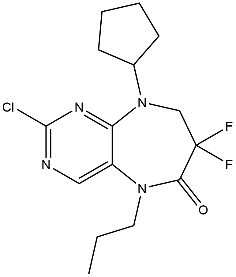 2-chloro-9-cyclopentyl-7,7-difluoro-5-propyl-5,7,8,9-tetrahydro-6H-pyrimido[4,5-b][1,4]diazepin-6-one 结构式