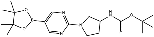 tert-Butyl 1-(5-(4,4,5,5-tetramethyl-1,3,2-dioxaborolan-2-yl)pyrimidin-2-yl)pyrrolidin-3-ylcarbamate 结构式