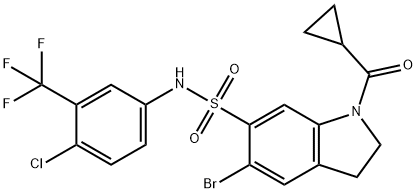 5-溴-N-(4-氯-3-(三氟甲基)苯基)-1-(环丙烷羰基)吲哚啉-6-磺酰胺 结构式