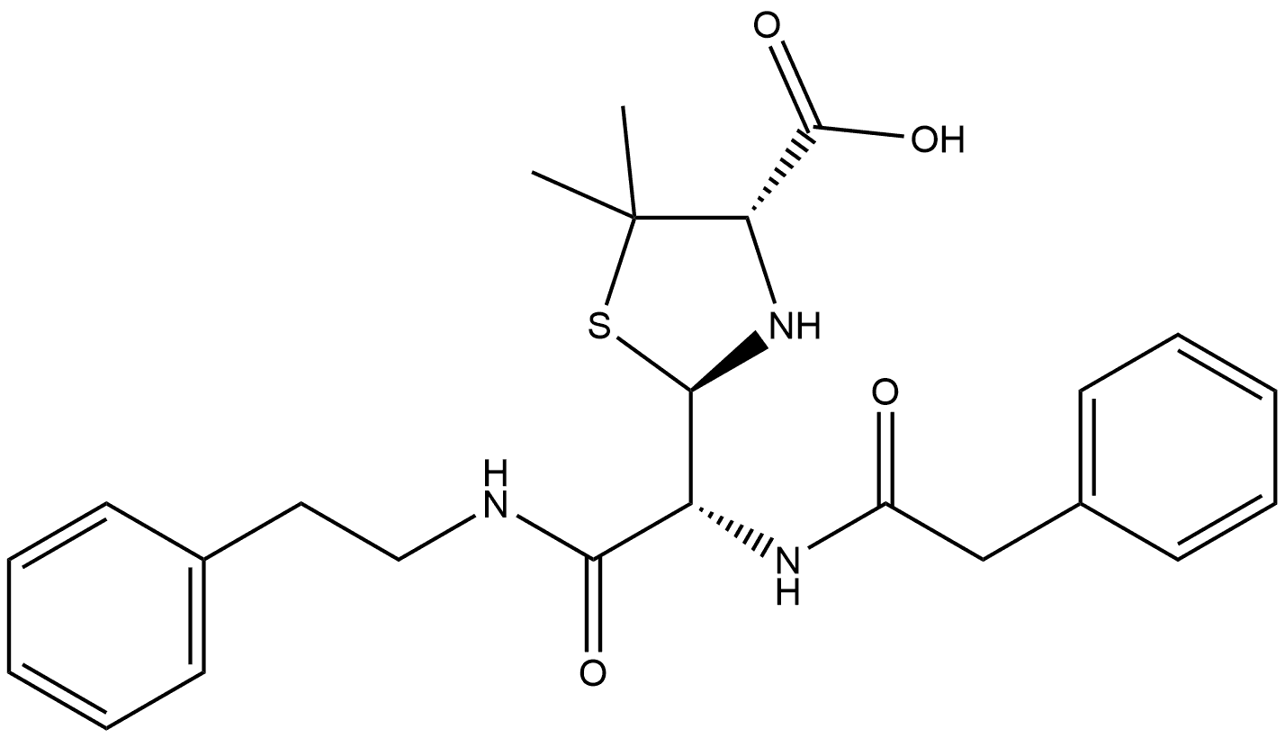 4-Thiazolidinecarboxylic acid, 5,5-dimethyl-2-[2-oxo-1-[(phenylacetyl)amino]-2-[(2-phenylethyl)amino]ethyl]-, [2R-[2α(R*),4β]]- (9CI) 结构式