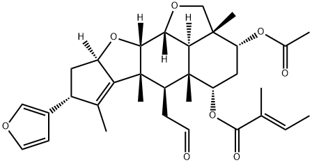 2-Butenoic acid, 2-methyl-, (2aR,3R,5S,5aR,6R,6aR,8R,9aR,10aS,10bR,10cR)-3-(acetyloxy)-8-(3-furanyl)-2a,4,5,5a,6,6a,8,9,9a,10a,10b,10c-dodecahydro-2a,5a,6a,7-tetramethyl-6-(2-oxoethyl)-2H,3H-cyclopenta[b]furo[2',3',4':4,5]naphtho[2,3-d]furan-5-yl ester, (2E)- 结构式