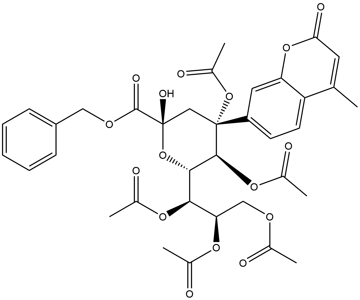 D-glycero-α-D-galacto-2-Nonulopyranosidonic acid, 4-methyl-2-oxo-2H-1-benzopyran-7-yl 3-deoxy-, phenylmethyl ester, pentaacetate (9CI) 结构式