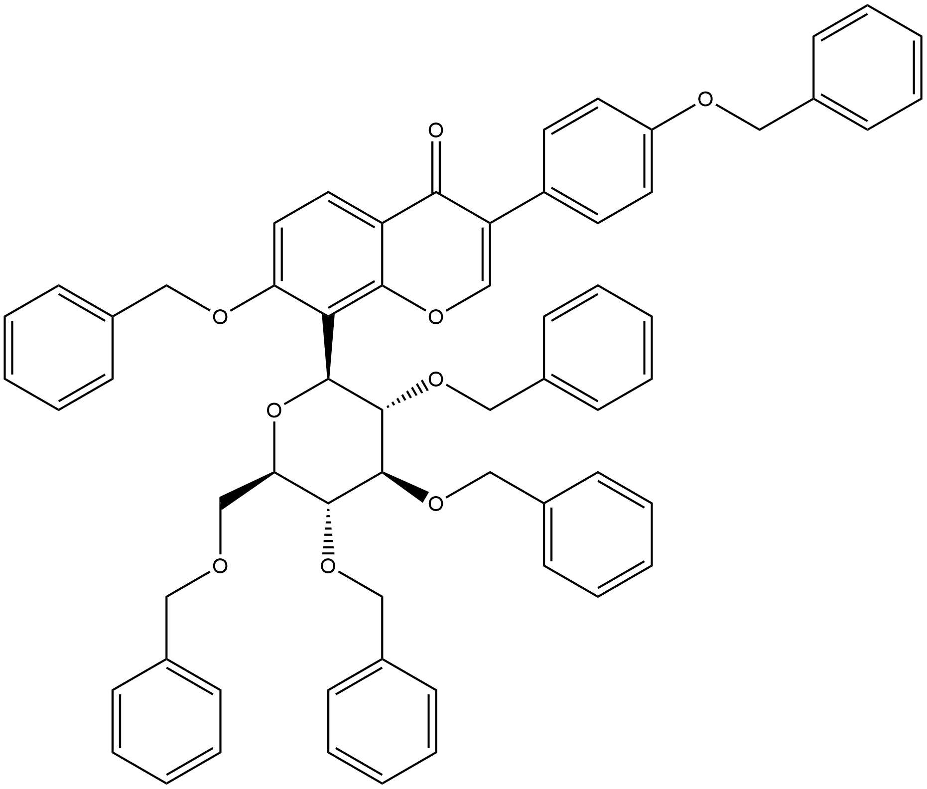 4H-1-Benzopyran-4-one, 7-(phenylmethoxy)-3-[4-(phenylmethoxy)phenyl]-8-[2,3,4,6-tetrakis-O-(phenylmethyl)-β-D-glucopyranosyl]- 结构式