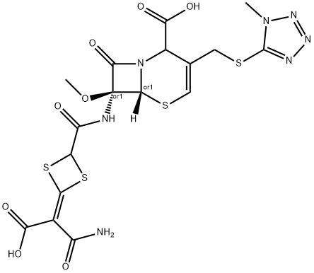 5-Thia-1-azabicyclo[4.2.0]oct-3-ene-2-carboxylic acid, 7-[[[4-(2-amino-1-carboxy-2-oxoethylidene)-1,3-dithietan-2-yl]carbonyl]amino]-7-methoxy-3-[[(1-methyl-1H-tetrazol-5-yl)thio]methyl]-8-oxo-, (6R,7S)-rel- 结构式