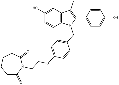 1H-Azepine-2,7-dione, tetrahydro-1-[2-[4-[[5-hydroxy-2-(4-hydroxyphenyl)-3-methyl-1H-indol-1-yl]methyl]phenoxy]ethyl]- 结构式