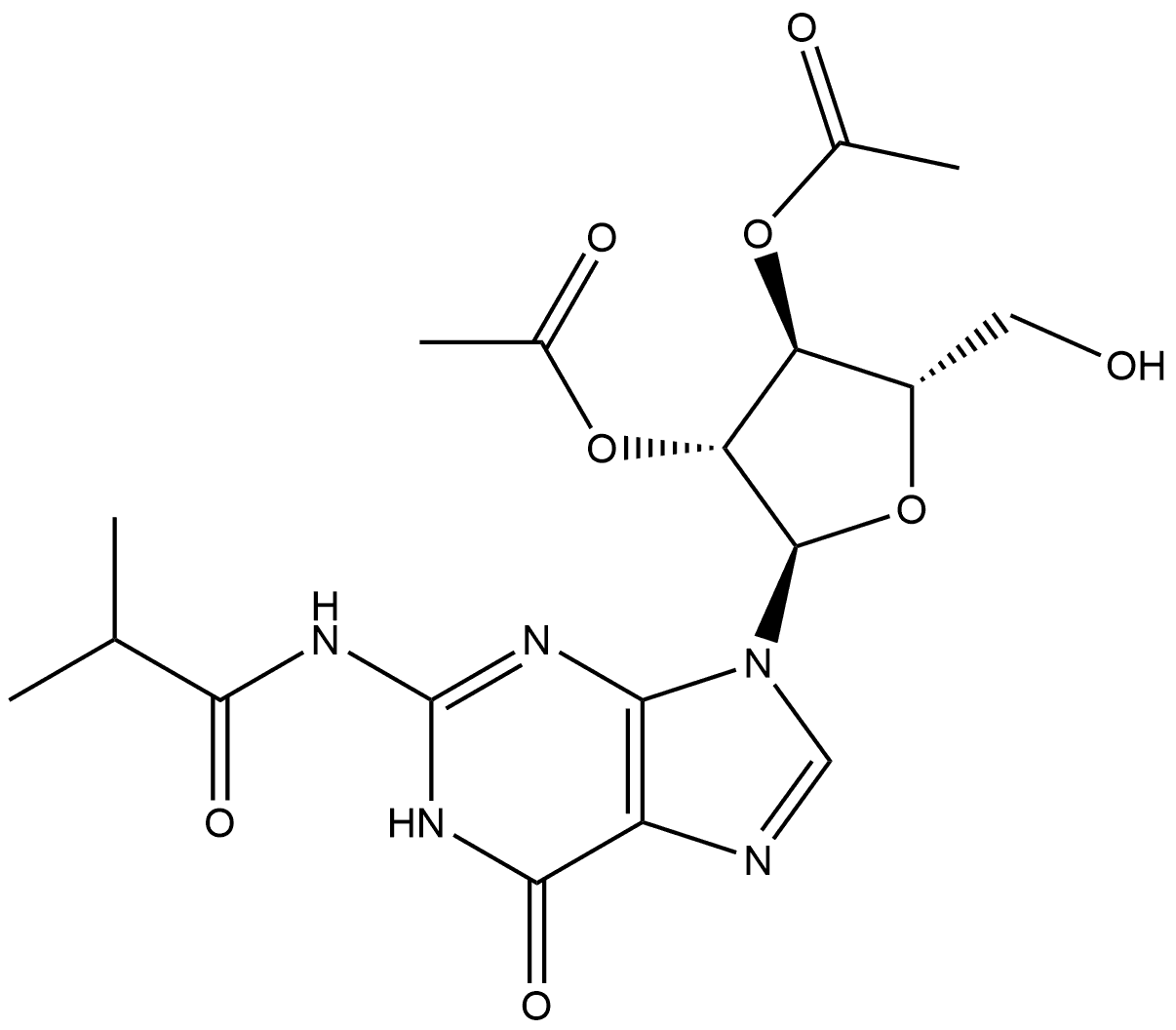 Propanamide, N-[9-(2,3-di-O-acetyl-α-L-arabinofuranosyl)-6,9-dihydro-6-oxo-1H-purin-2-yl]-2-methyl- 结构式