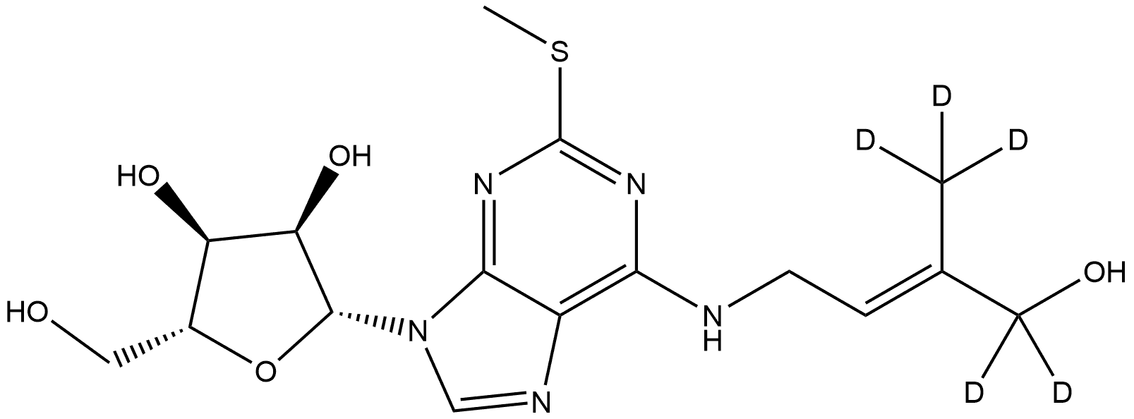 D5]2-METHYLTHIO-trans-ZEATIN RIBOSIDE (D-2MeStZR)?[2-methylthio-6-[D5]((E)-4-hydroxy-3-methylbut-2-enylamino)-9-β-D-ribofuranosylpurine 结构式