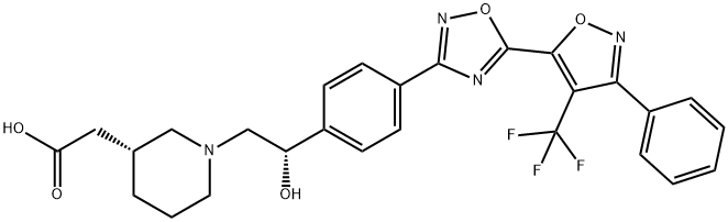 3-Piperidineacetic acid, 1-[(2S)-2-hydroxy-2-[4-[5-[3-phenyl-4-(trifluoromethyl)-5-isoxazolyl]-1,2,4-oxadiazol-3-yl]phenyl]ethyl]-, (3R)- 结构式