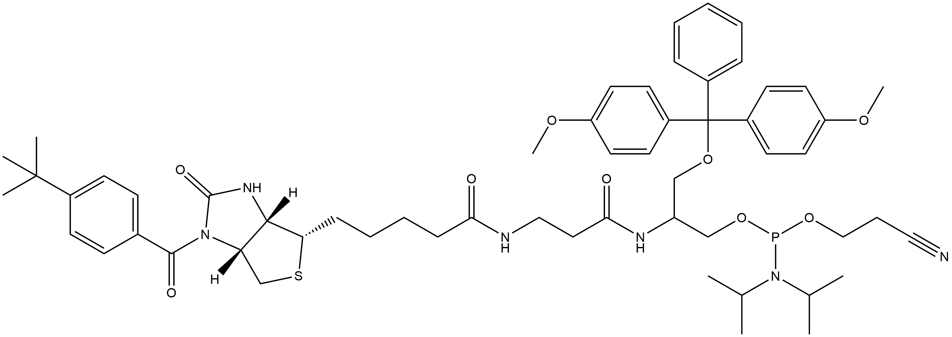 3-Dimethoxytrityloxy-2-(3-((4-t-butylbenzoyl)-biotinyl)propanamido)propyl-1-O-(2-cyanoethyl)-(N,N-diisopropyl)-phosphoramidite 结构式