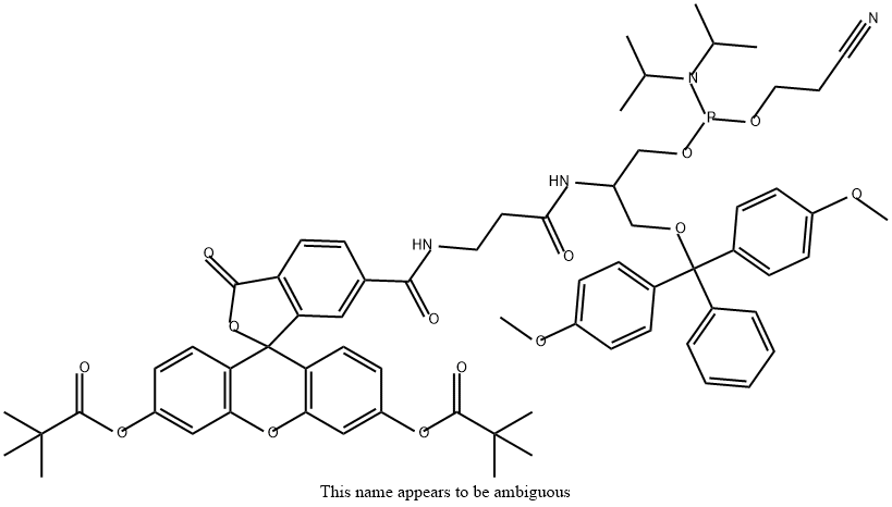 3-Dimethoxytrityloxy-2-(3-(6-carboxy-(di-O-pivaloyl-fluorescein)propanamido)propyl)-1-O-(2-cyanoethyl)-(N,N-diisopropyl)-phosphoramidite 结构式