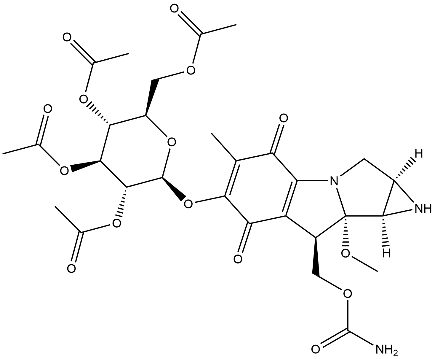 Azirino[2',3':3,4]pyrrolo[1,2-a]indole-4,7-dione, 8-[[(aminocarbonyl)oxy]methyl]-1,1a,2,8,8a,8b-hexahydro-8a-methoxy-5-methyl-6-[(2,3,4,6-tetra-O-acetyl-β-D-glucopyranosyl)oxy]-, [1aS-(1aα,8β,8aα,8bα)]- (9CI) 结构式