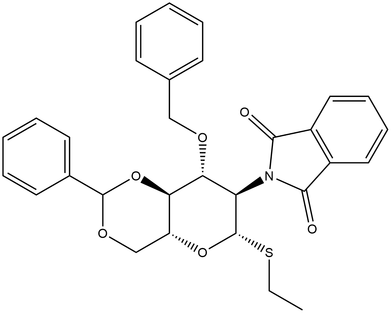 3-O-苄基-4,6-O-亚苄基-2-脱氧-2-邻苯二甲酰亚胺-Β-D-硫代吡喃葡萄糖苷乙基 结构式