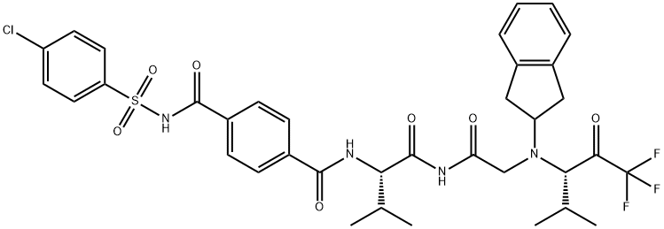 N-((4-((((4-chlorophenyl)sulfonyl)amino)carbonyl)phenyl)oxomethyl)-valyl-N-(2,3-dihydro-1H-inden-2-yl)glycine N-(3-(1,1,1-trifluoro-4-methyl-2-oxopentyl))amide 结构式