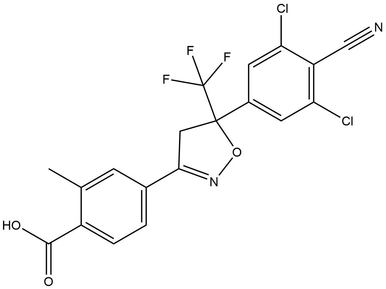 4-[5-(3,5-dichloro-4-cyano-phenyl)-5-trifluoromethyl-4,5-dihydro-isoxazol-3-yl]-2-methyl-benzoic acid 结构式