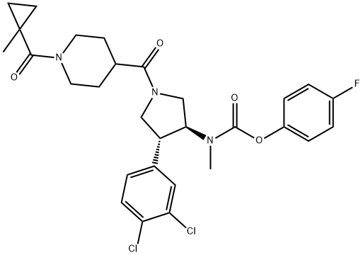 Carbamic acid, N-[(3S,4R)-4-(3,4-dichlorophenyl)-1-[[1-[(1-methylcyclopropyl)carbonyl]-4-piperidinyl]carbonyl]-3-pyrrolidinyl]-N-methyl-, 4-fluorophenyl ester 结构式