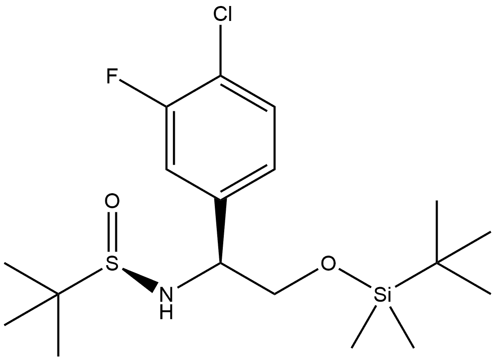 2-Propanesulfinamide, N-[(1S)-1-(4-chloro-3-fluorophenyl)-2-[[(1,1-dimethylethyl)dimethylsilyl]oxy]ethyl]-2-methyl-, [S(R)]- 结构式