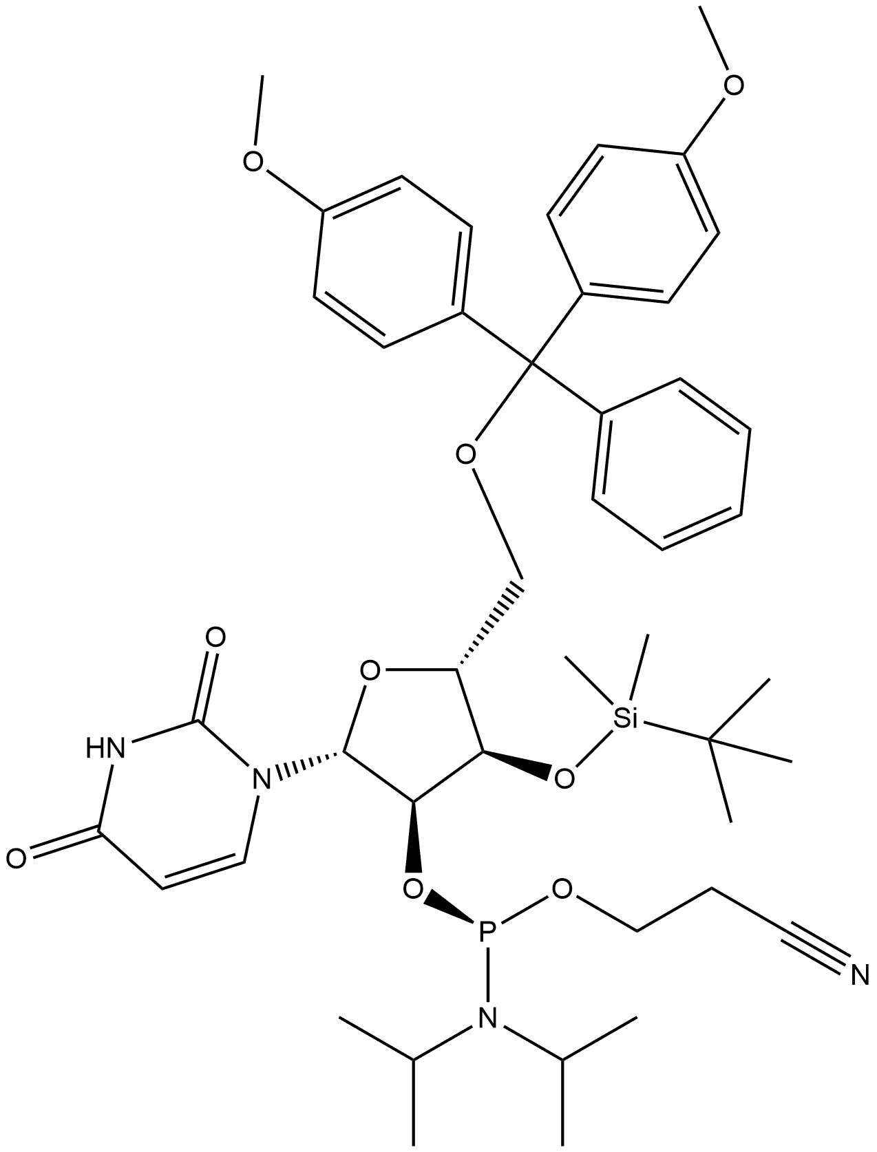 Uridine, 5'-O-[bis(4-methoxyphenyl)phenylmethyl]-3'-O-[(1,1-dimethylethyl)dimethylsilyl]-, 2'-[2-cyanoethyl bis(1-methylethyl)phosphoramidite], (S)- (9CI) 结构式