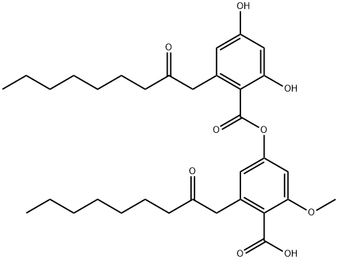 Benzoic acid, 2,4-dihydroxy-6-(2-oxononyl)-, 4-carboxy-3-methoxy-5-(2-oxononyl)phenyl ester 结构式