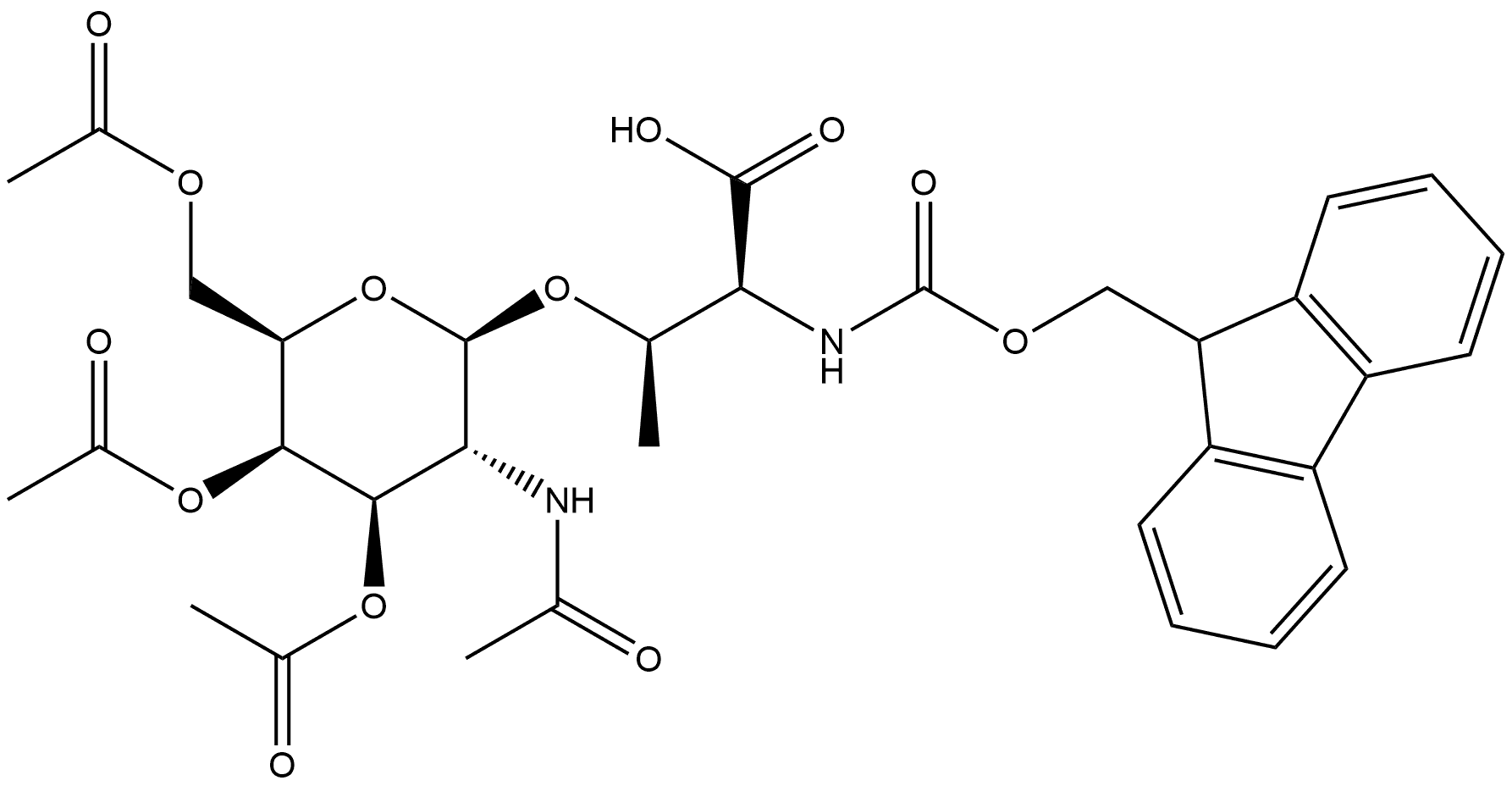 N-FMOC-O-(3,4,6,-TRI-O-ACETYL-2-ACETAMIDO-2-DEOXY-Β-D-GALACTOPYRANOSYL)-L-THREONINE 结构式