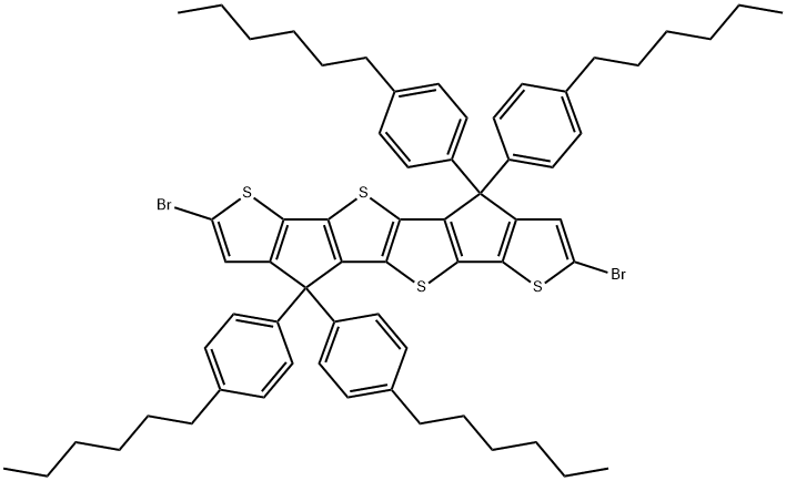 Thieno[3',2':4,5]cyclopenta[1,2-b]thieno[2'',3'':3',4']cyclopenta[1',2':4,5]thieno[2,3-d]thiophene, 2,7-dibromo-4,4,9,9-tetrakis(4-hexylphenyl)-4,9-dihydro- 结构式