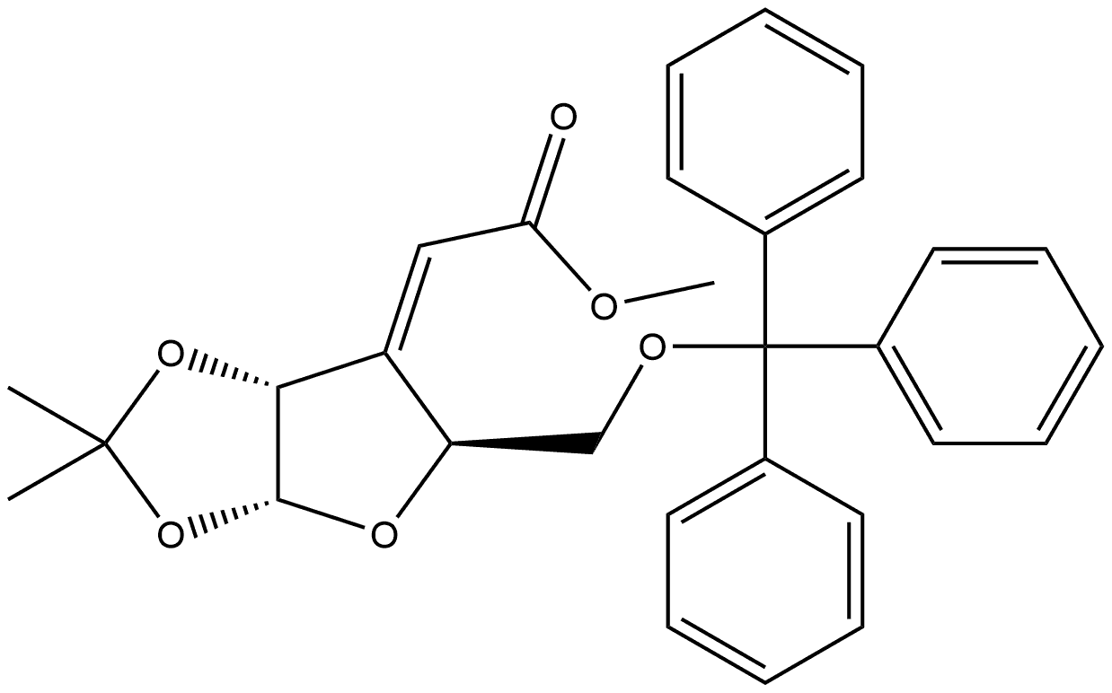 (E)-methyl 2-((3aR,5S,6aR)-2,2-dimethyl-5-((trityloxy)methyl)furo[2,3-d][1,3]dioxol-6(3aH,5H,6aH)-ylidene)acetate 结构式