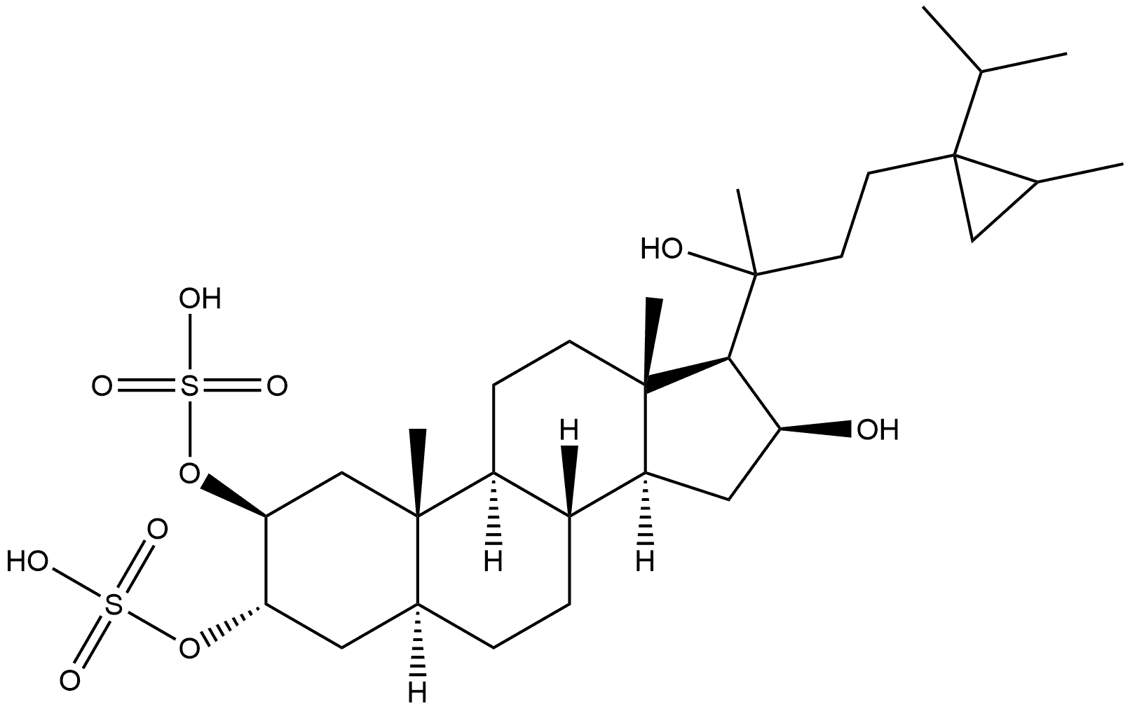 24-Norcholane-2,3,16,20-tetrol, 23-[2-methyl-1-(1-methylethyl)cyclopropyl]-, 2,3-bis(hydrogen sulfate), (2β,3α,5α,16β,20ξ)- (9CI) 结构式