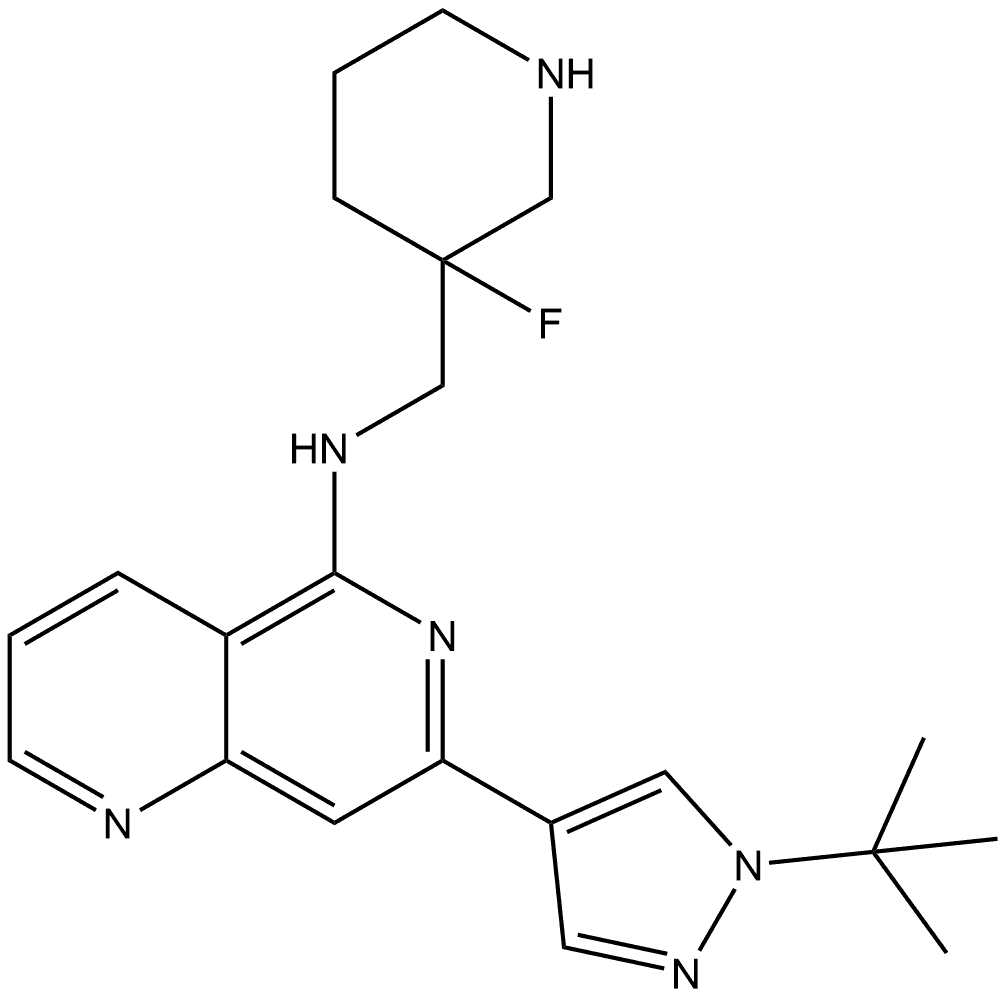 7-[1-(1,1-Dimethylethyl)-1H-pyrazol-4-yl]-N-[(3-fluoro-3-piperidinyl)methyl]-1,6-naphthyridin-5-amine 结构式