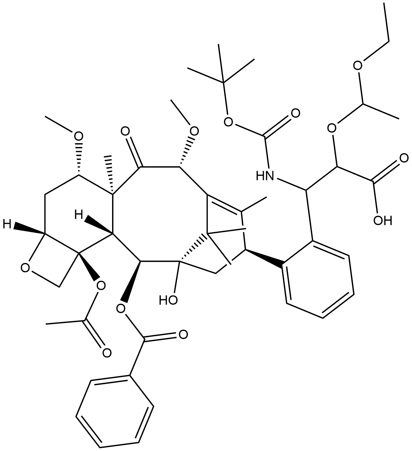 Benzenepropanoic acid, β-[[(1,1-dimethylethoxy)carbonyl]amino]-α-(1-ethoxyethoxy)-, (2aR,4S,4aS,6R,9S,11S,12S,12aR,12bS)-12b-(acetyloxy)-12-(benzoyloxy)-2a,3,4,4a,5,6,9,10,11,12,12a,12b-dodecahydro-11-hydroxy-4,6-dimethoxy-4a,8,13,13-tetramethyl-5-oxo-7,11-methano-1H-cyclodeca[3,4]benz[1,2-b]oxet-9-yl ester, (αR,βS)- 结构式