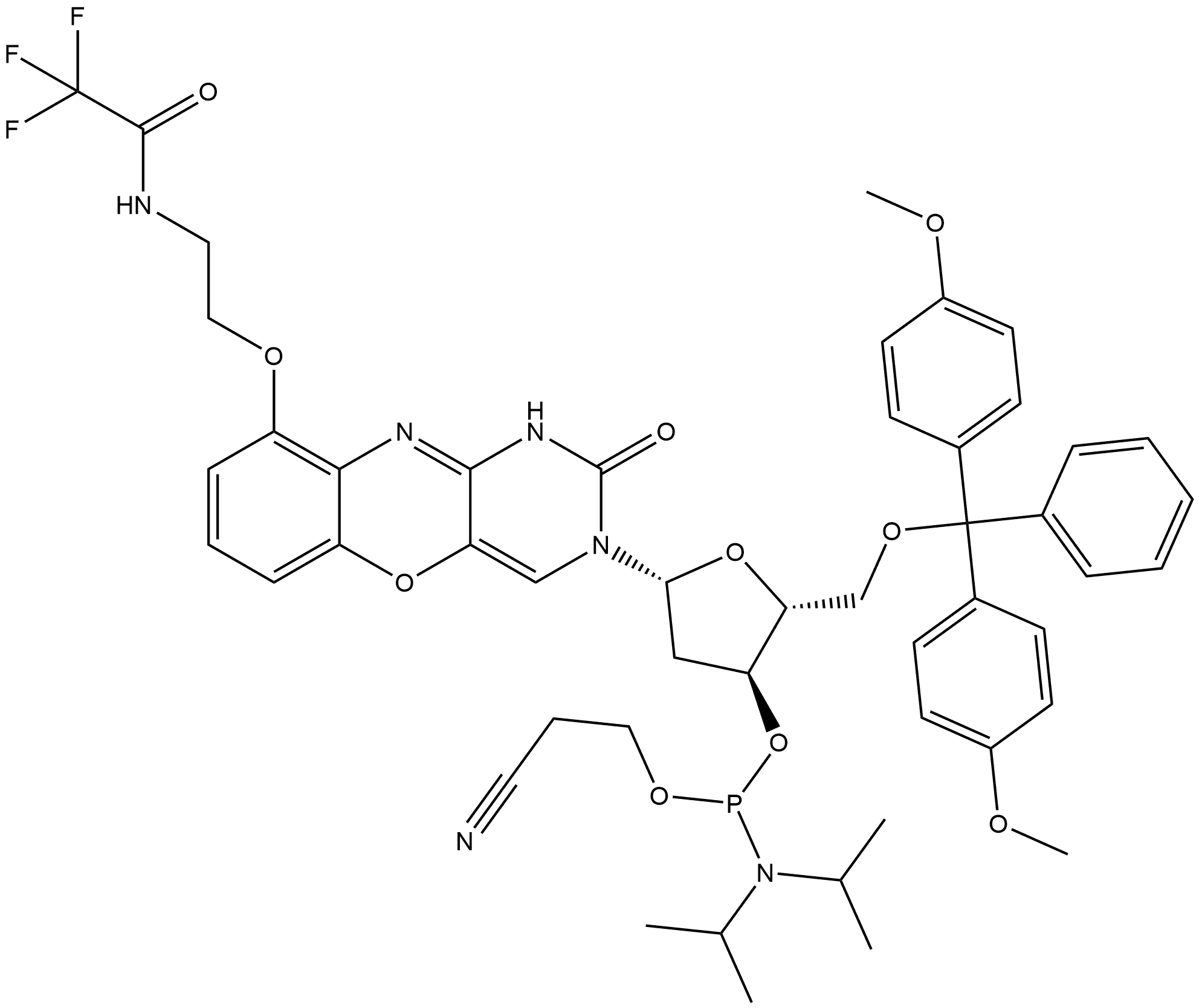 Acetamide, N-[2-[[3-[5-O-[bis(4-methoxyphenyl)phenylmethyl]-3-O-[[bis(1-methylethyl)amino](2-cyanoethoxy)phosphino]-2-deoxy-β-D-erythro-pentofuranosyl]-2,3-dihydro-2-oxo-1H-pyrimido[5,4-b][1,4]benzoxazin-9-yl]oxy]ethyl]-2,2,2-trifluoro- 结构式