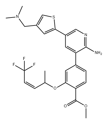 化合物 METHYL (Z)-4-(2-AMINO-5-(4-((DIMETHYLAMINO)METHYL)THIOPHEN-2-YL)PYRIDIN-3-YL)-2-((5,5,5-TRIFLUOROPENT-3-EN-2-YL)OXY)BENZOATE 结构式