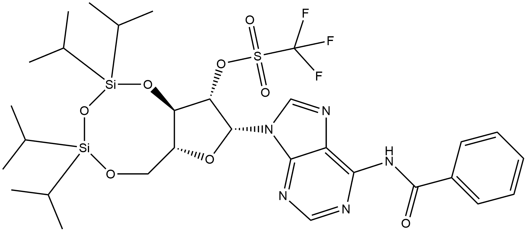 Benzamide, N-[9-[3,5-O-[1,1,3,3-tetrakis(1-methylethyl)-1,3-disiloxanediyl]-2-O-[(trifluoromethyl)sulfonyl]-β-D-arabinofuranosyl]-9H-purin-6-yl]- 结构式